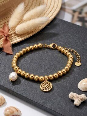 18K Gold Plated Steel Beaded Bracelet Mandala Freshwater Pearl Charm Clean Girl